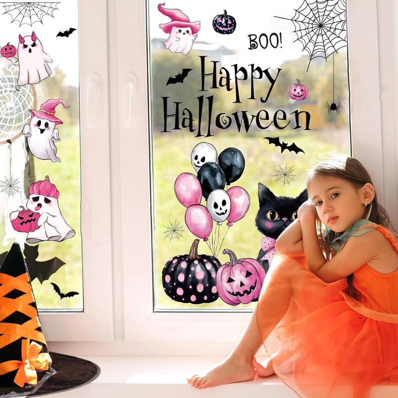 Whaline 6 Sheets Happy Halloween Window Clings Pink-Black Boo Ghost Pumpkin Spider Web Cat Reusable Window Decals for Home Classroom Office Glass Decor Party Supplies - Image 3
